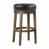 Round Swivel Bar Stool Set of 2, Black Faux Leather 360-degree Swivel Seat Nailhead Trim Solid Wood Frame Brown Finish Transitional Style Furniture