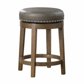 Round Swivel Counter Height Stools Set of 2, Gray Faux Leather 360-degree Swivel Seat Nailhead Trim Solid Wood Frame Brown Finish Furniture