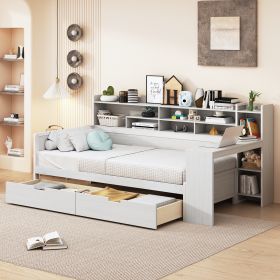 Wooden Twin Size Daybed with Storage Shelves, Multi-functional Bed with Two Storage Drawers and Study Desk, Antique White