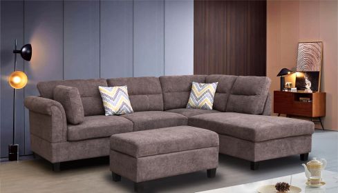 Diego 103.5"W Dark Brown Fabric Sectional Sofa with Right Facing Chaise, Storage Ottoman, and 2 Accent Pillows