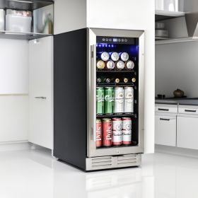 Premium 15-inch Mini Beverage Refrigerator / Wine Cooler - Built-in & Freestanding, 120 Cans, Adjustable Shelves, LED Lighting, Quiet, ETL Certified