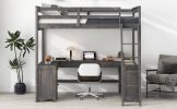 Full Size Loft Bed with U-shaped Desk, Drawers and Storage Shelves, Antique Brown