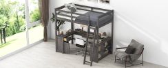 Full Size Loft Bed with U-shaped Desk, Drawers and Storage Shelves, Antique Brown