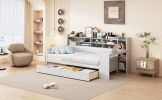 Wooden Twin Size Daybed with Storage Shelves, Multi-functional Bed with Two Storage Drawers and Study Desk, Antique White