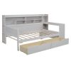 Wooden Twin Size Daybed with Storage Shelves, Multi-functional Bed with Two Storage Drawers and Study Desk, Antique White