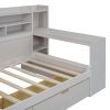 Wooden Twin Size Daybed with Storage Shelves, Multi-functional Bed with Two Storage Drawers and Study Desk, Antique White