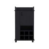 Bar Cart with Casters Reese, Six Wine Cubbies and Single Door, Black Wengue Finish