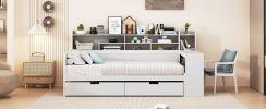 Wooden Twin Size Daybed with Storage Shelves, Multi-functional Bed with Two Storage Drawers and Study Desk, Antique White