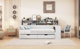 Wooden Twin Size Daybed with Storage Shelves, Multi-functional Bed with Two Storage Drawers and Study Desk, Antique White