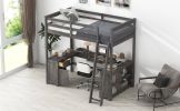 Full Size Loft Bed with U-shaped Desk, Drawers and Storage Shelves, Antique Brown