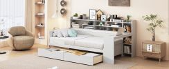 Wooden Twin Size Daybed with Storage Shelves, Multi-functional Bed with Two Storage Drawers and Study Desk, Antique White