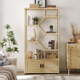 Rattan bookshelf 7 tiers Bookcases Storage Rack with cabinet for Living Room Home Office, Natural, 39.4'' W x 13.8'' D x 75.6'' H. (Color: as Pic)